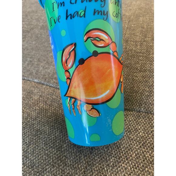 CAPE SHORE new travel mug plastic printed front Crabby patty coffee 8" tall blue - Picture 6 of 9